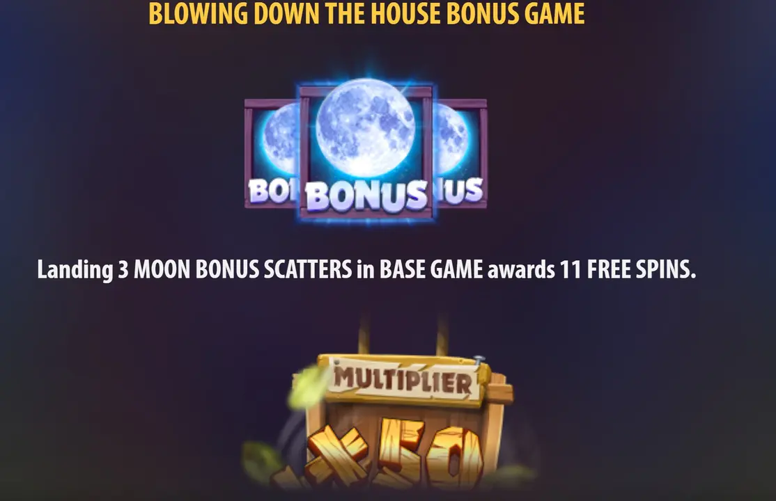 "Blowing Down the House"-Bonus ausgelöst durch 3 Mond-Scatter in Big Bad Wolf Megaways von Quickspin