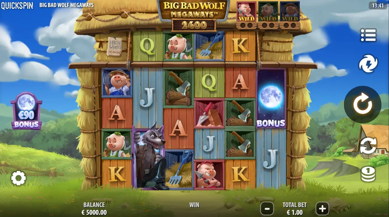 Big Bad Wolf Megaways Basisspiel mit 2.400 aktiven Megaways und Mond-Scatter auf Walze 6 bei €1 Einsatz
