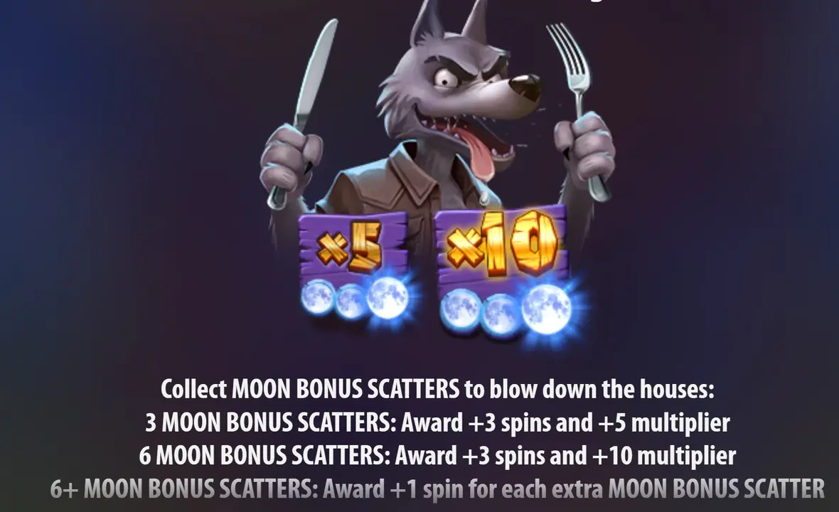 Upgrade moltiplicatore ×5 e ×10 raccogliendo 3 e 6 scatter Luna nei giri gratuiti di Big Bad Wolf Megaways