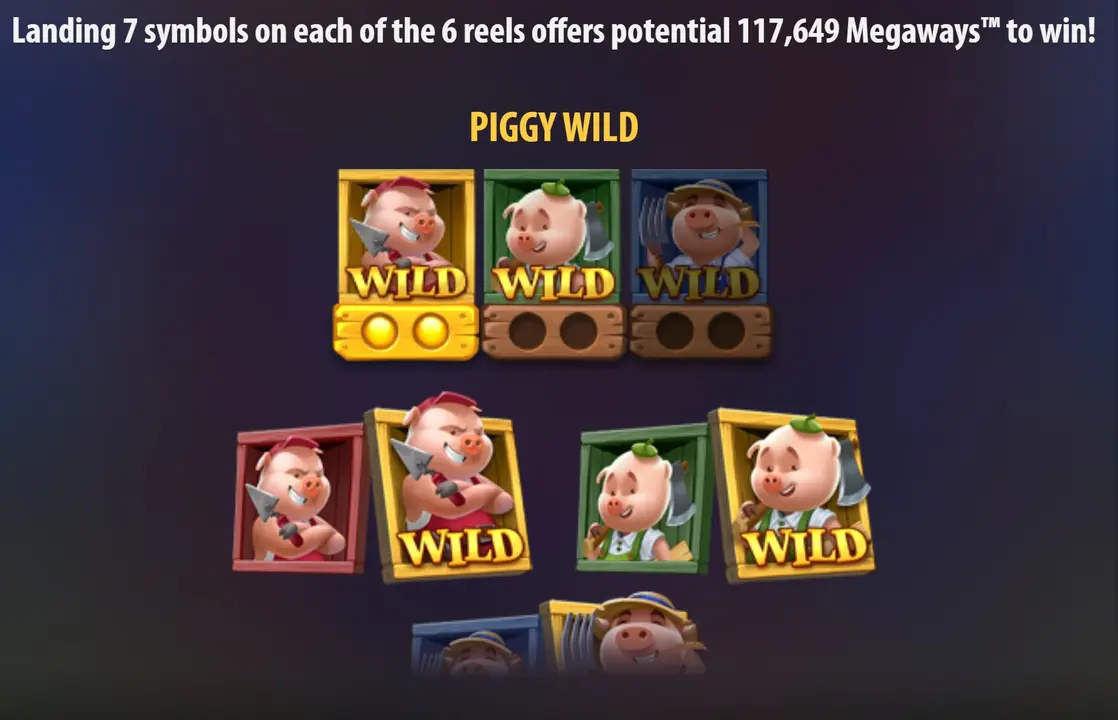 Funzione Piggy Wild con tutti e tre i simboli maiale wild in Big Bad Wolf Megaways fino a 117.649 modi per vincere